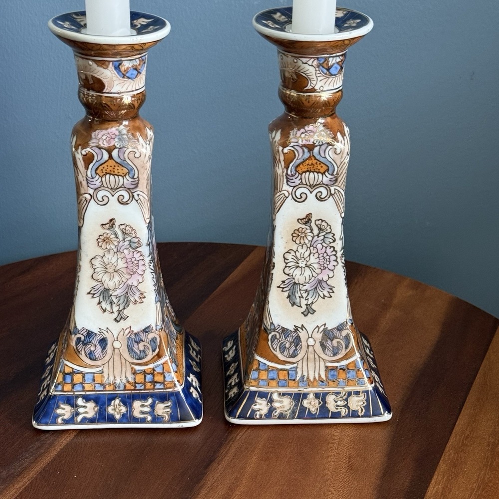 Vintage Pair Asian Imari Style Porcelain Candlesticks Blue Gold Floral 9" Tall - Picture 4 of 11